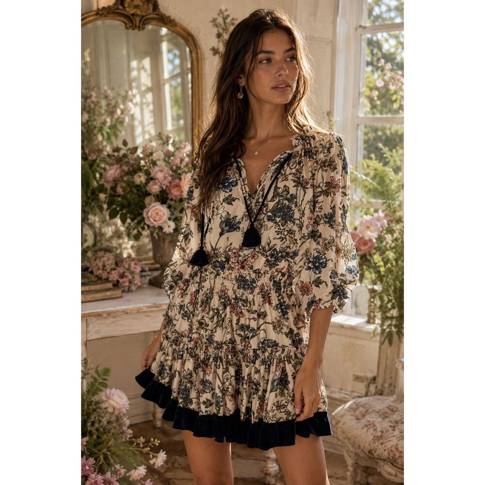 MISA Floral Smocked Mini Dress with Velvet Trim Tassel Tie Boho Romance, lrg $32